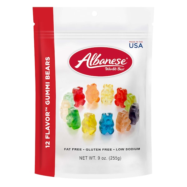 Albanese Worlds Best 12 Flavor Gummi Bears Presentación de bolsa parada de 9 oz., PK6 - 53380