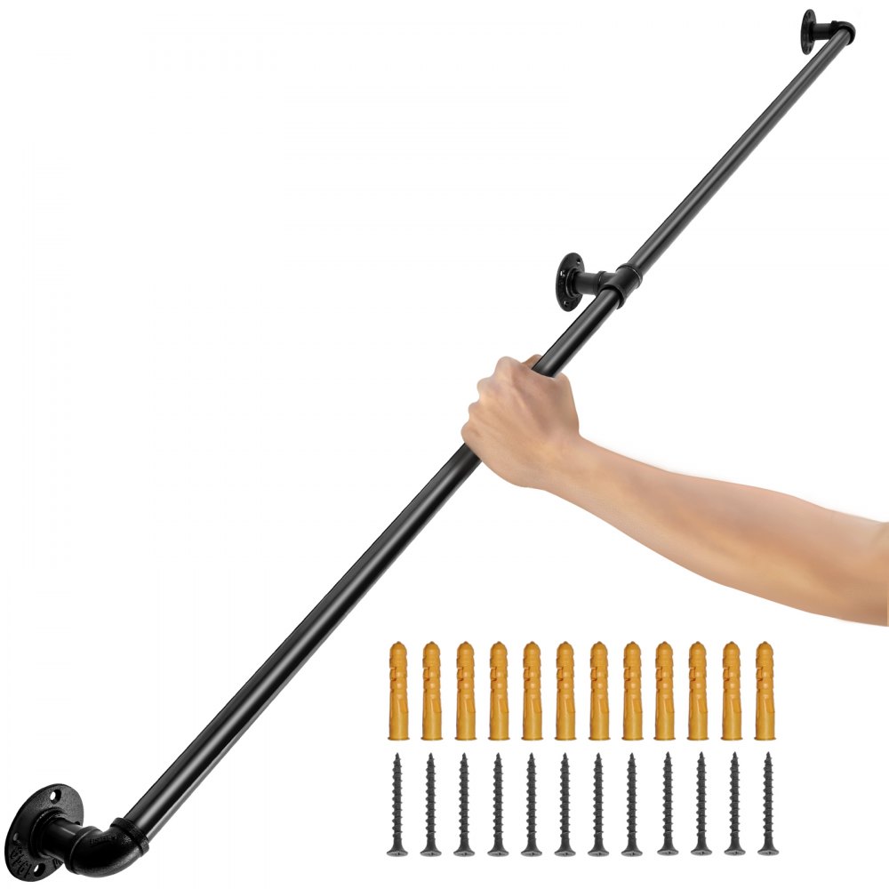 VEVOR Pipe Stair Handrail, 7FT Staircase Handrail, 440LBS Load Capacity Carbon Steel Pipe Handrail, Industrial Pipe Handrail with Wall Mount Support, Round Corner Wall Handrailings for Indoor, Outdoor - TZBGSLTFSGYG77HXIV0
