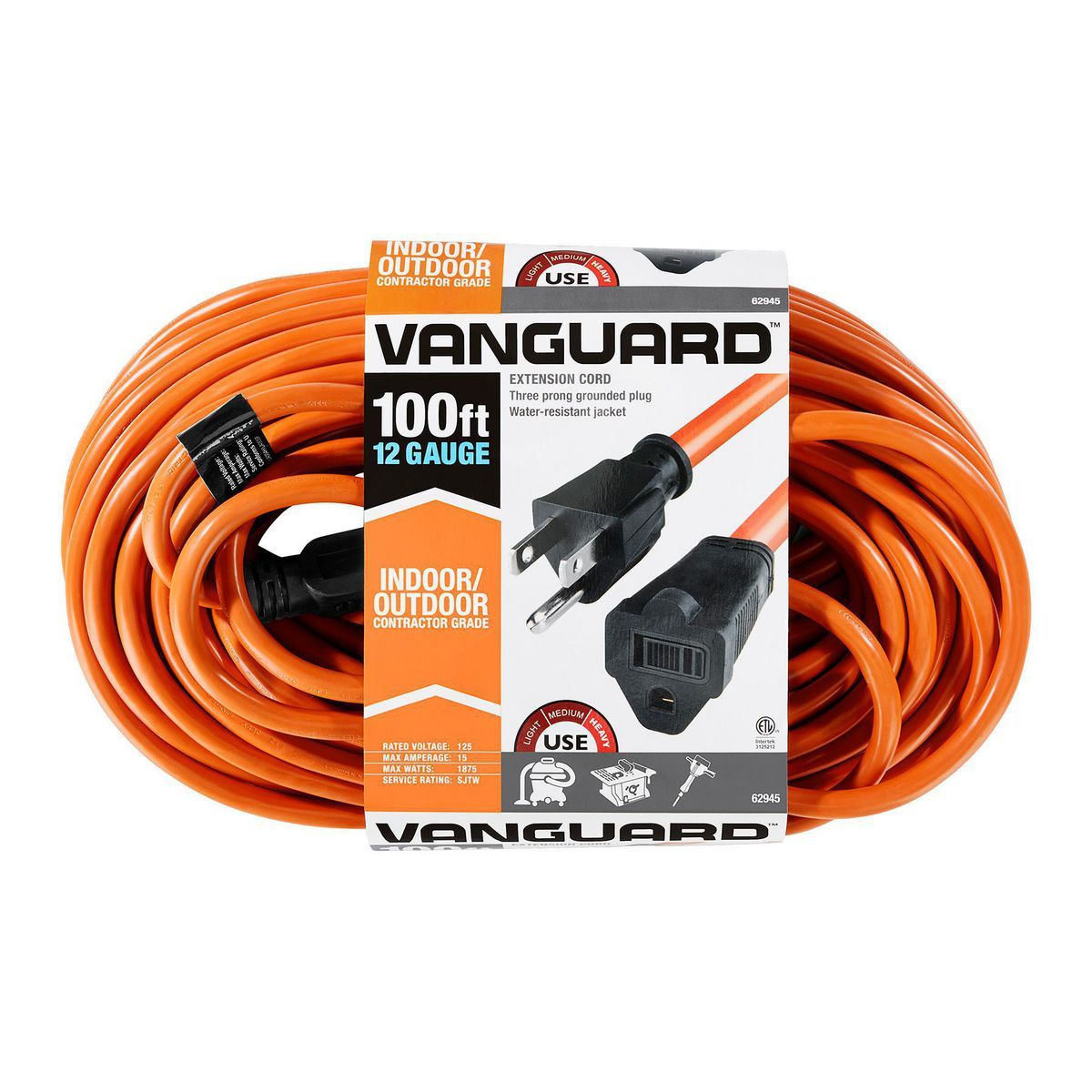 Cable de extensión para exteriores Vanguard de 100 pies x 12/3 calibre, color naranja - 62945
