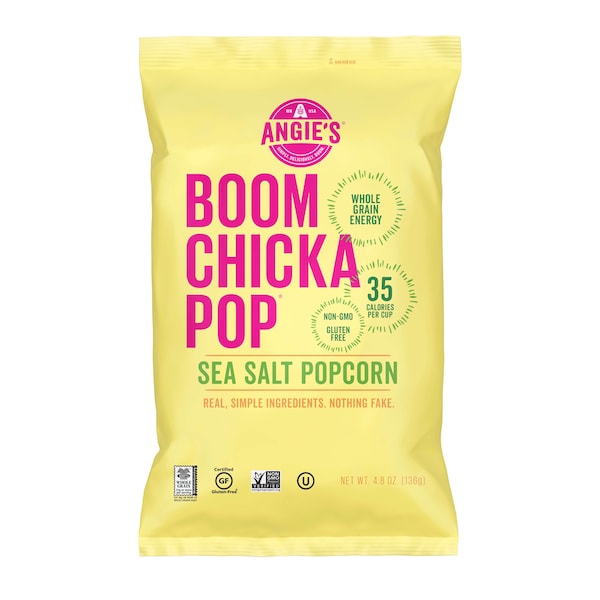 Angie's Boomchickapop: Bocadillos Artesanales de Angie Palomitas de Maíz con Sal Marina 4.8 oz. Bolsa, Paquete de 12 - 1878001265