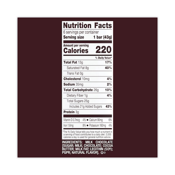 Barra de Chocolate con Leche Hershey's, 155 oz, Paquete de 12, 12 PK - 29005