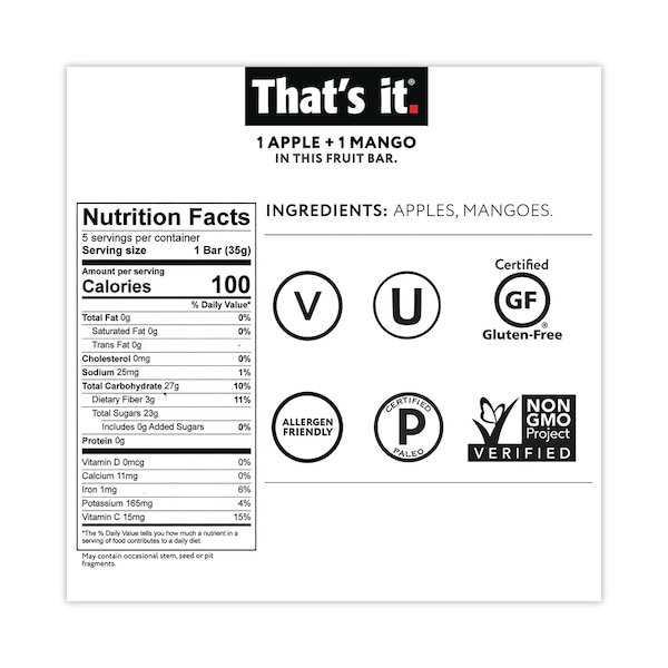 Eso es. Barra de nutrición, frutas de manzana y mango sin gluten, Barra de 1.2 oz, paquete de 12 - 1022M