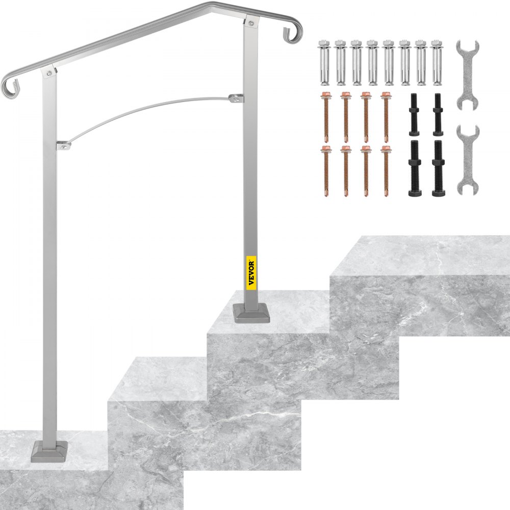 VEVOR Outdoor Stair Railing, Fit 2 or 3 Steps Alloy Metal Handrailing, Front Porch Flexible Transitional Handrail, Arch Step Rail with Installation Kit, for Concrete or Wooden Stairs, Silver - HWLZLTFSHSCW35IP8V0