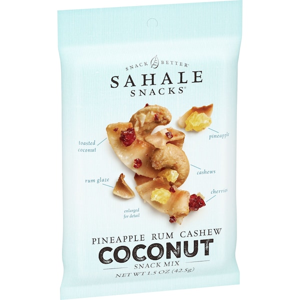 Bocadillos Sahale Sahale Piña Ron Coco Mezcla de bocadillos 1.5 oz. Paquete, PK18 - 9386900079