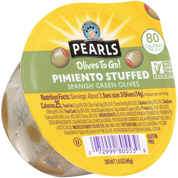 Perlas de Aceitunas "Olive To Go" Rellenas de Pimiento Manzanilla 1.2 oz., Paquete de 96 - 8956315