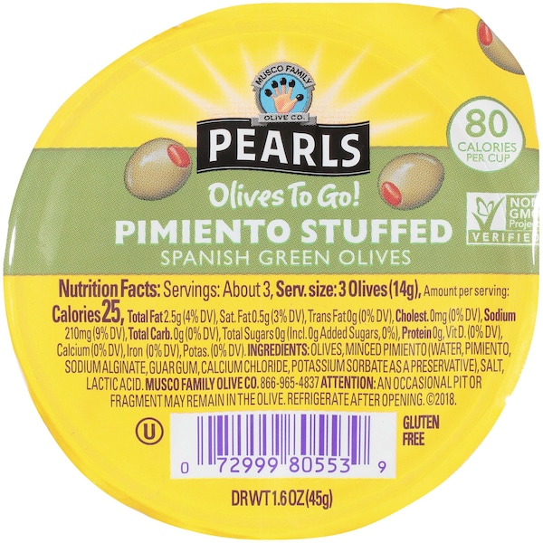 Perlas de Aceitunas "Olive To Go" Rellenas de Pimiento Manzanilla 1.2 oz., Paquete de 96 - 8956315
