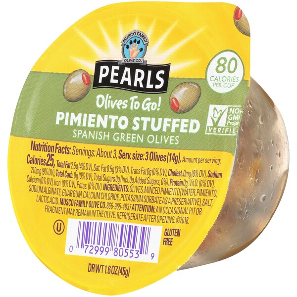 Perlas de Aceitunas "Olive To Go" Rellenas de Pimiento Manzanilla 1.2 oz., Paquete de 96 - 8956315