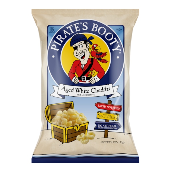 Botín de pirata - Bocanadas de queso cheddar blanco envejecido de Pirate's Booty en bolsa de 4 oz, paquete de 12 - 81660100