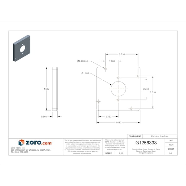 Raco Electrical Box Cover, Square Box Type, 2 Gangs, Square, Galvanized Steel, Single Receptacle Cover - 887
