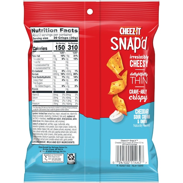 Cheez-It Cheez-It Snap'D Galletas de Cheddar, Crema Agria y Cebolla 2.2 oz., Paquete de 6 - 2410011460