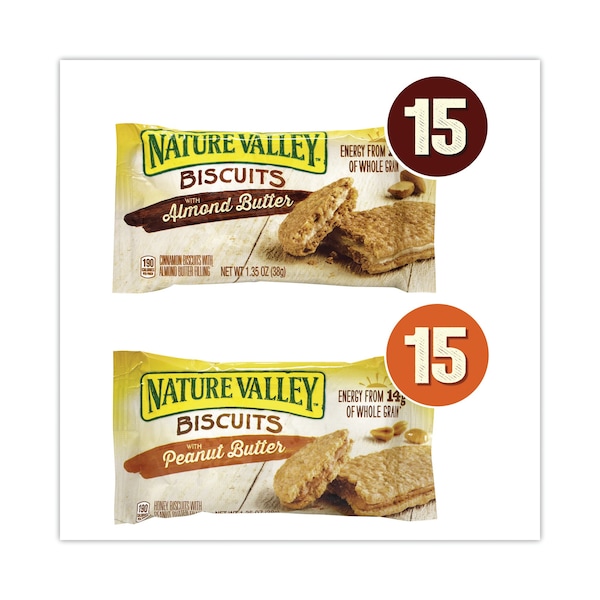 Galletas Nature Valley, canela con miel de mantequilla de almendra y miel con mantequilla de cacahuate, bolsa de 135 oz, paquete de 30, 30 unidades - 46827