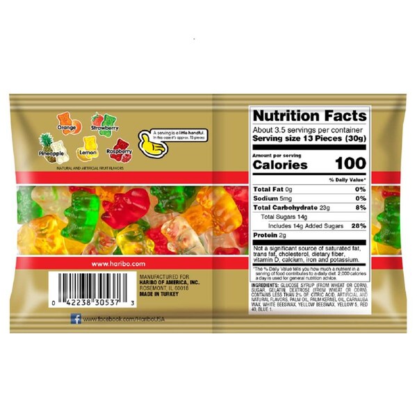 Bolsa para compartir de 3.5 oz de dulces de goma Haribo Gold-Bears, PK18 - 30536.