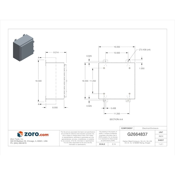 Wiegmann Carbon Steel Electrical Enclosures, 16 in H, 8 in D, 16 in W, NEMA 12, Hinged - N12161608