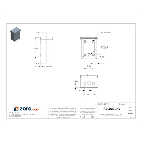 Wiegmann Carbon Steel Electrical Enclosures, 8 in H, 4 in D, 6 in W, NEMA 3R, Screw On - RSC060804
