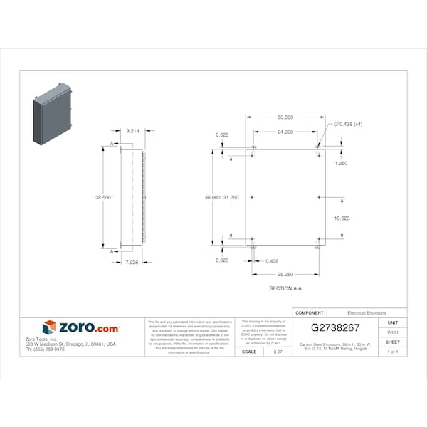 Wiegmann Carbon Steel Electrical Enclosures, 36 in H, 8 in D, 30 in W, NEMA 12, Hinged - N12363008
