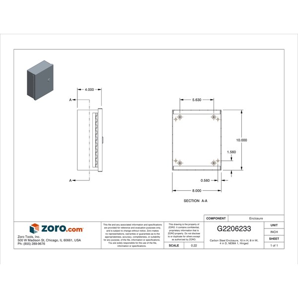 Wiegmann Carbon Steel Electrical Enclosures, 10 in H, 4 in D, 8 in W, NEMA 1, Hinged - N1C081004