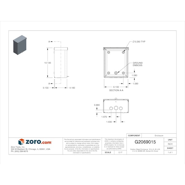 Wiegmann Carbon Steel Electrical Enclosures, 10 in H, 4 in D, 8 in W, NEMA 3R, Screw On - RSC081004