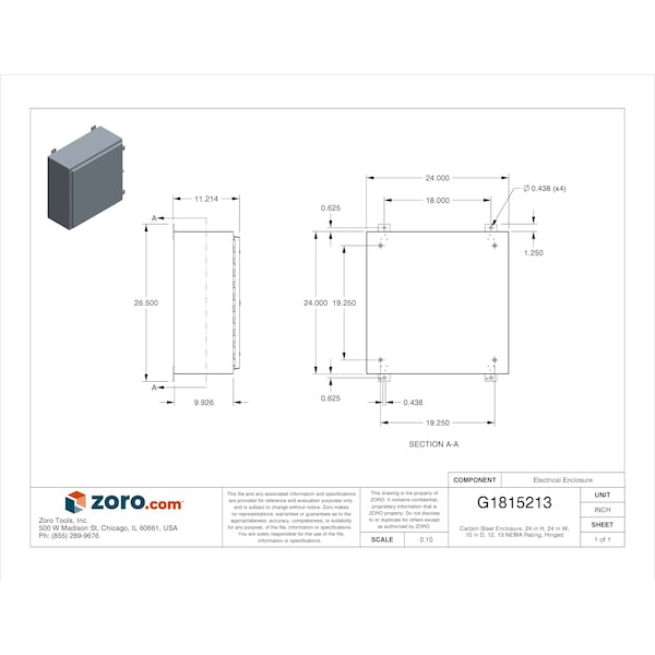 Wiegmann Carbon Steel Electrical Enclosures, 24 in H, 10 in D, 24 in W, NEMA 12, Hinged - N12242410