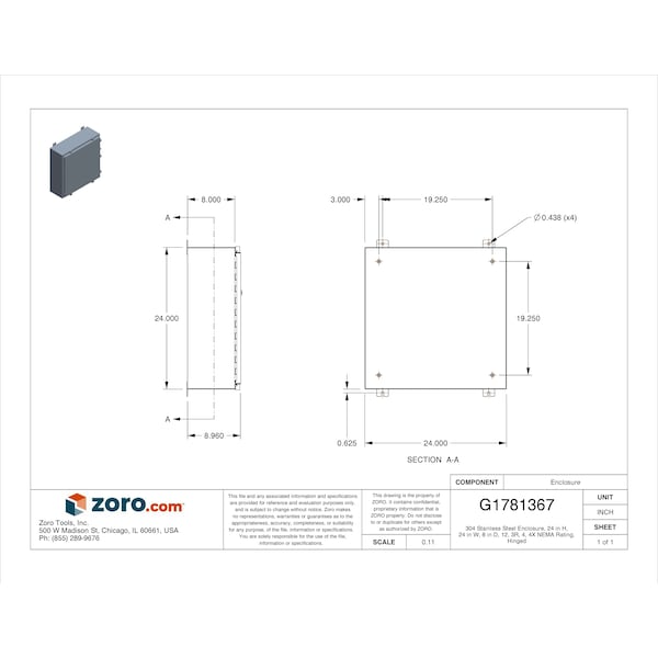 Wiegmann 304 Stainless Steel Electrical Enclosures, 24 in H, 8 in D, 24 in W, NEMA 4X, Hinged - SSN4242408