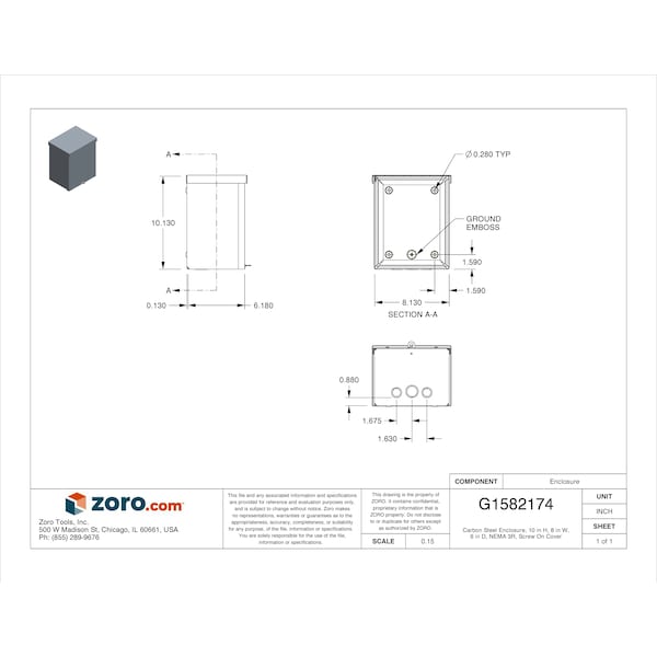 Wiegmann Carbon Steel Electrical Enclosures, 10 in H, 6 in D, 8 in W, NEMA 3R, Screw On - RSC081006