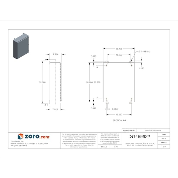 Wiegmann Carbon Steel Electrical Enclosures, 30 in H, 8 in D, 24 in W, NEMA 12, Hinged - N12302408