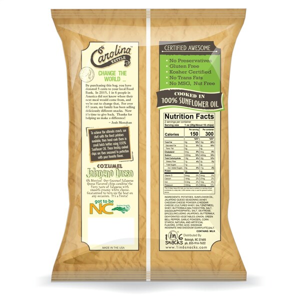1 de cada 6 bocadillos

Carolina Jalapeño Queso Papitas Fritas Cocidas en Kettle de 5 oz Empacadas - 10636