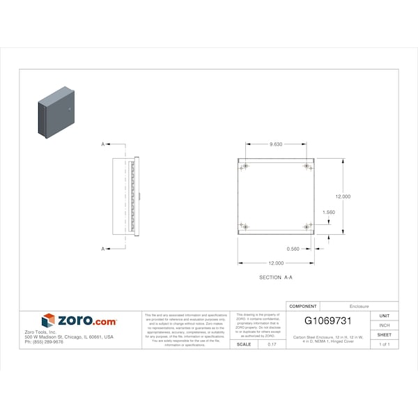 Wiegmann Carbon Steel Electrical Enclosures, 12 in H, 4 in D, 12 in W, NEMA 1, Hinged - N1C121204