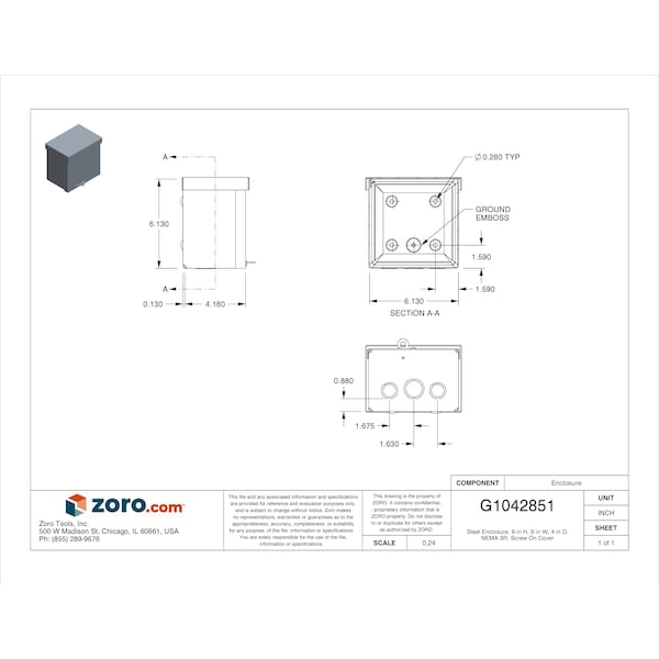Wiegmann Carbon Steel Electrical Enclosures, 6 in H, 4 in D, 6 in W, NEMA 3R, Screw On - RSC060604G