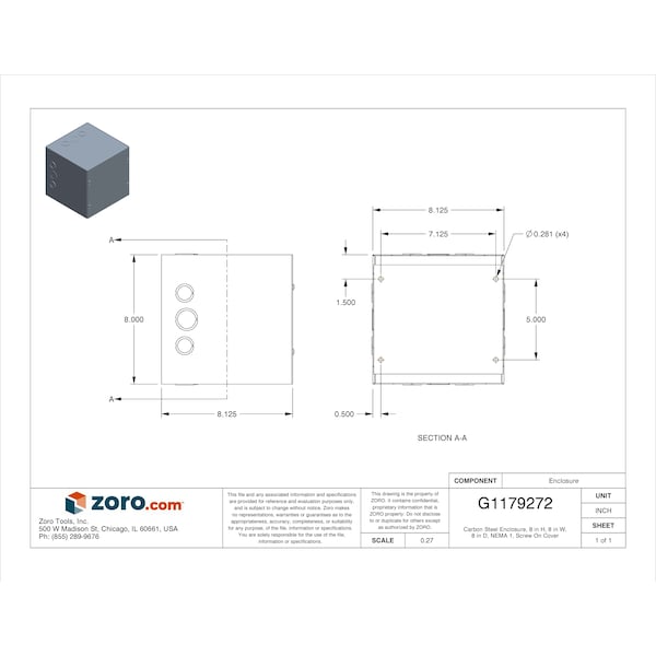 Wiegmann Carbon Steel Electrical Enclosures, 8 in H, 8 in D, 8 in W, NEMA 1, Screw On - SC080808