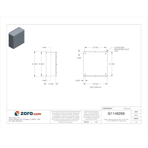Wiegmann Carbon Steel Electrical Enclosures, 30 in H, 12 in D, 30 in W, NEMA 3R, Hinged - RHC303012