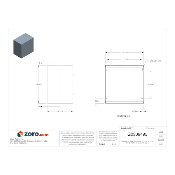 Wiegmann Carbon Steel Electrical Enclosures, 12 in H, 8 in D, 12 in W, NEMA 1, Screw On - SC121208GNK