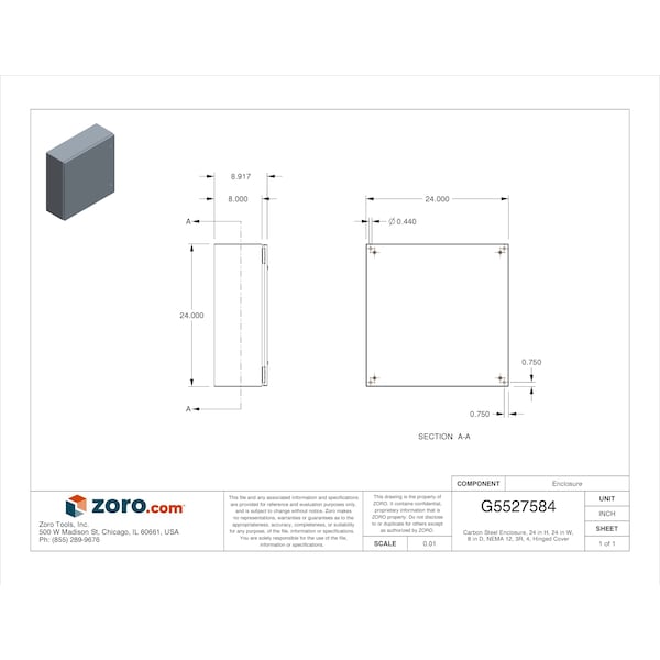 Wiegmann Carbon Steel Electrical Enclosures, 24 in H, 8 in D, 24 in W, NEMA 4, 12, Hinged - N412242408C