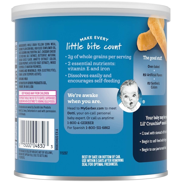 Bocadillos Gerber Gerber Lil' Crunchies de Queso Cheddar Suave 1.48 oz., Paquete de 6 - 10015000048300