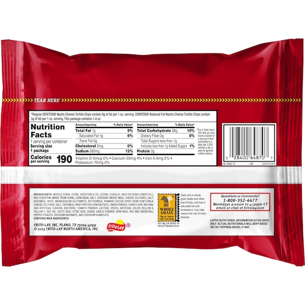 Doritos Doritos Nacho Cheese Reduced Fat Tortilla Chips Top N Go 1.4 oz., PK44 - 00028400205184

Doritos Doritos Nacho Queso Tortilla Chips Reducidas en Grasa Top N Go 1.4 oz., PK44 - 00028400205184