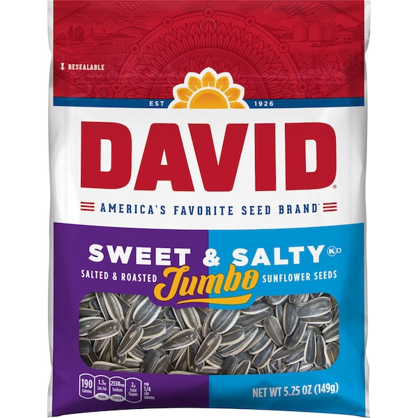David, semillas de girasol jumbo dulces y saladas tostadas y saladas de 5.25 oz, paquete de 12 - 2620046463