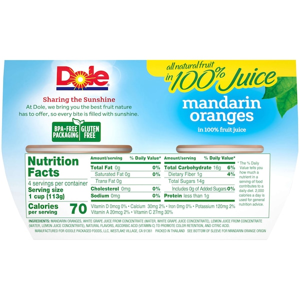 Dole Dole en Mandarinas al 100% en Jugo de 4 oz. Tazón de Plástico, PK24 - 04207