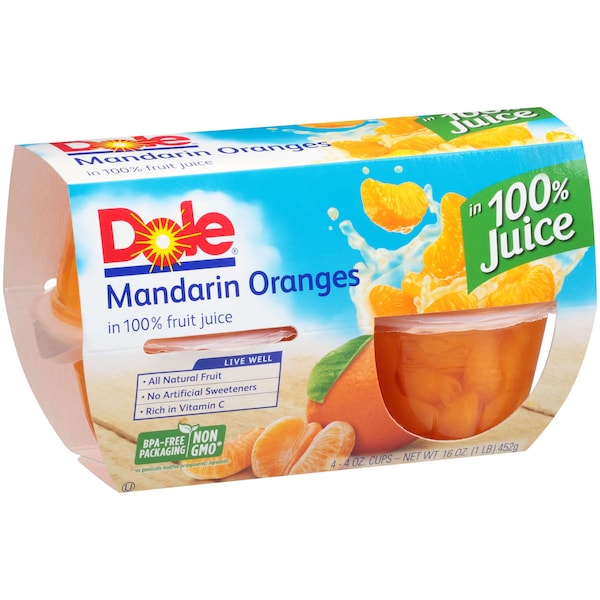 Dole Dole en Mandarinas al 100% en Jugo de 4 oz. Tazón de Plástico, PK24 - 04207