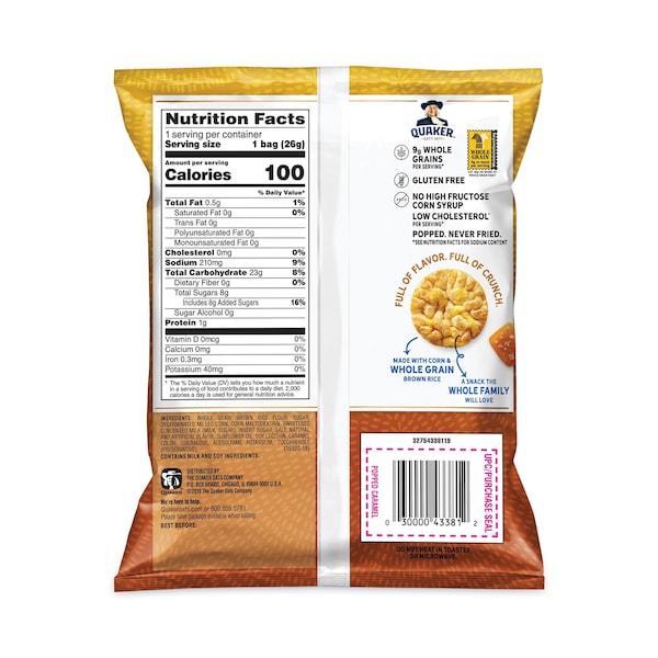Quaker Rice Crisps, Caramelo, Bolsa de 0.67 oz, 60PK - 43381