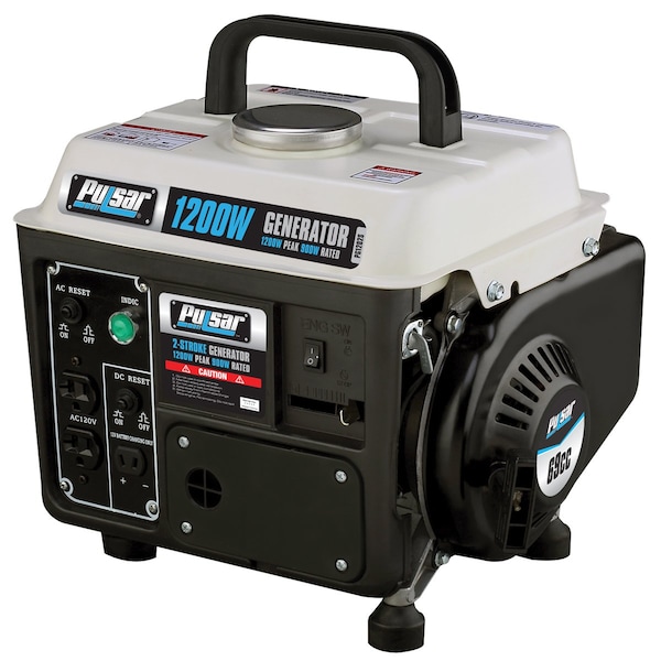 Pulsar Portable Generator, Gasoline, 900 W Rated, 1,200 W Surge, Recoil Start, 120V AC/12V DC, 8.3/7.5 A - PG1202SA