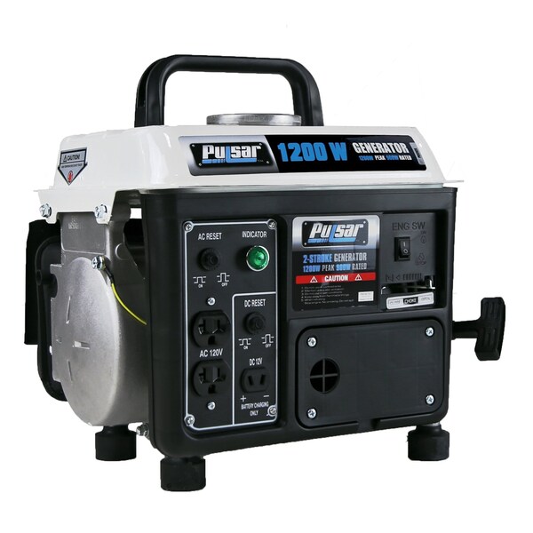 Pulsar Portable Generator, Gasoline, 900 W Rated, 1,200 W Surge, Recoil Start, 120V AC/12V DC, 8.3/7.5 A - PG1202SA