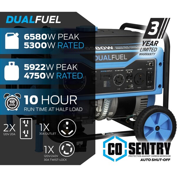 Pulsar Portable Generator, Gasoline/Liquid Propane, 5,300 W/4,750 W Rated, 6,850 W/5,922 W Surge, 45.83 A - PG6580BCO