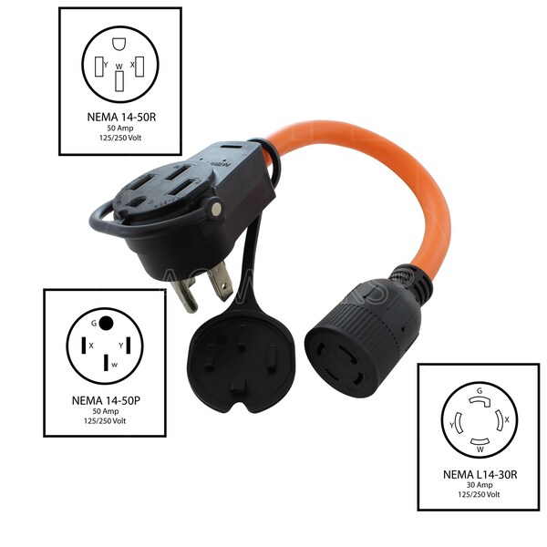 Ac Works 1.5FT 50A 14-50 Piggy-Back Plug with L14-30R Connector Adapter Cord - PB1450L1430