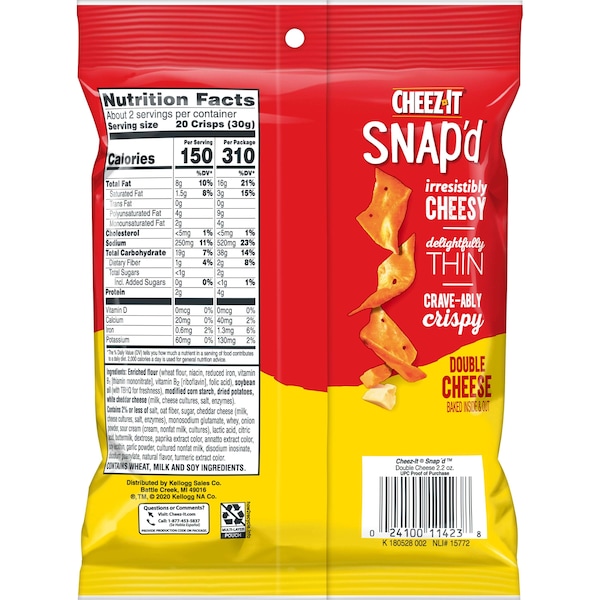 Cheez-It Cheez-It Snap'D Galletas de Doble Queso 2.2 oz., Paquete de 6 - 2410011422