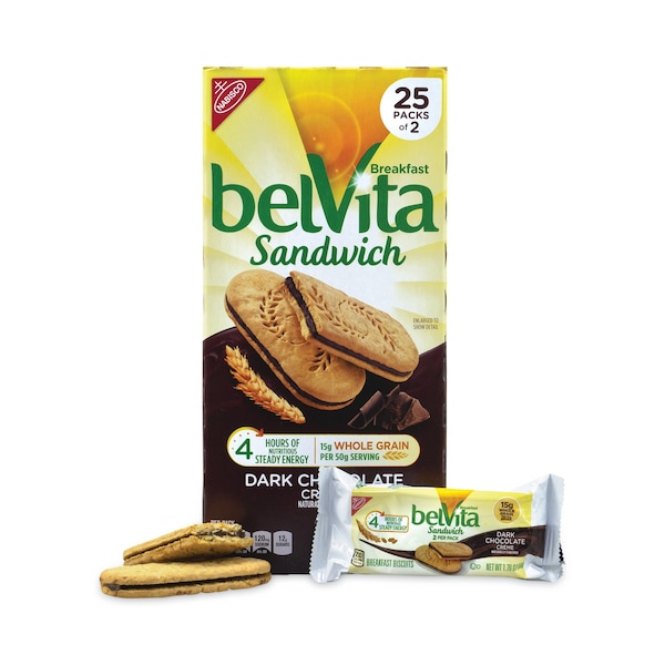 Galletas para el desayuno belVita de Nabisco, sándwich de desayuno con crema de chocolate oscuro, paquete de 176 onzas, 25 unidades - 4602