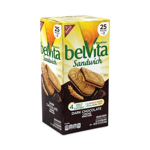 Galletas para el desayuno belVita de Nabisco, sándwich de desayuno con crema de chocolate oscuro, paquete de 176 onzas, 25 unidades - 4602