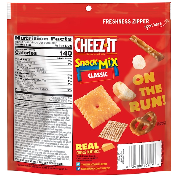 Cheez-It Cheez-It Bolsa de Agarre Recerrable Mezcla de Bocadillos Clásicos 6 oz., Paquete de 8 - 2410010986