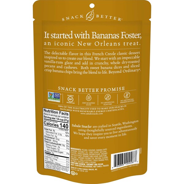Botana Sahale Sahale de 4 oz. Mezcla de Pecanas y Plátano con Ron Glaseado, Paquete de 6 - 9386900028