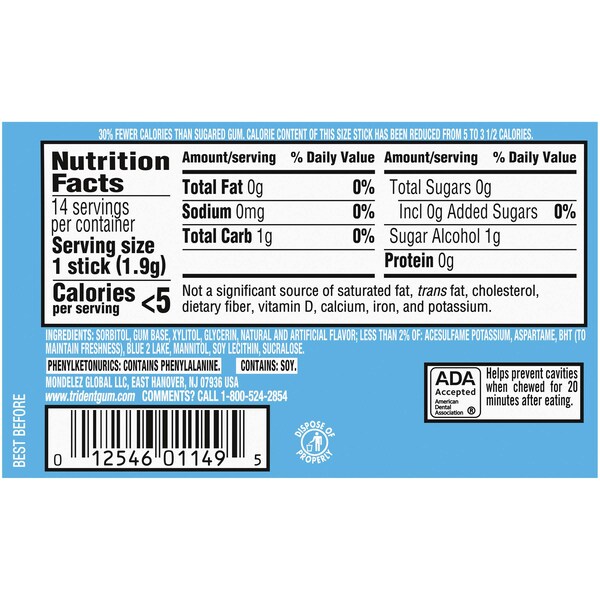 Tridente Chicle de Menta sin Gluten y sin Azúcar, 14 piezas, paquete de 144 - 01148