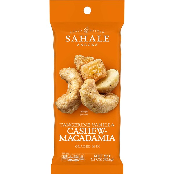 Bocadillos Sahale Sahale 1.5 oz. Mezcla Glaseada de Nuez de Marañón y Macadamia con Mandarina y Vainilla, Paquete de 18 - 9386900015
