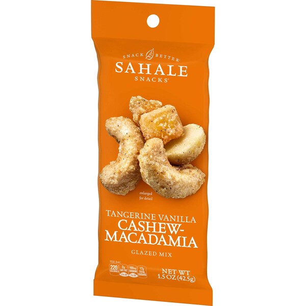 Bocadillos Sahale Sahale 1.5 oz. Mezcla Glaseada de Nuez de Marañón y Macadamia con Mandarina y Vainilla, Paquete de 18 - 9386900015